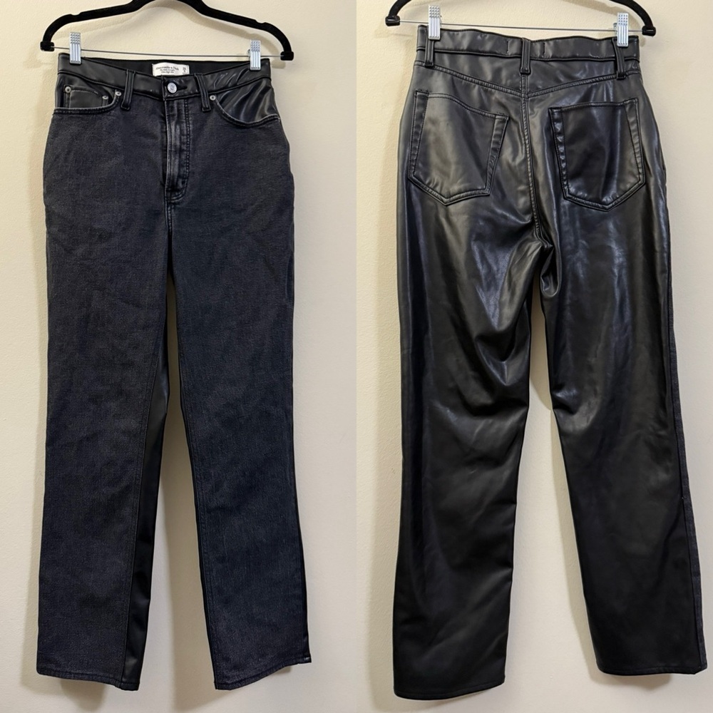 Abercrombie Black Denim & Faux Leather Ankle Straight‎ Ultra High Rise Jeans 6L